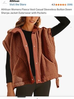 Women’s Sleeveless Sherpa/Fleece Vest in Rust Color with Tie Sides Button Down